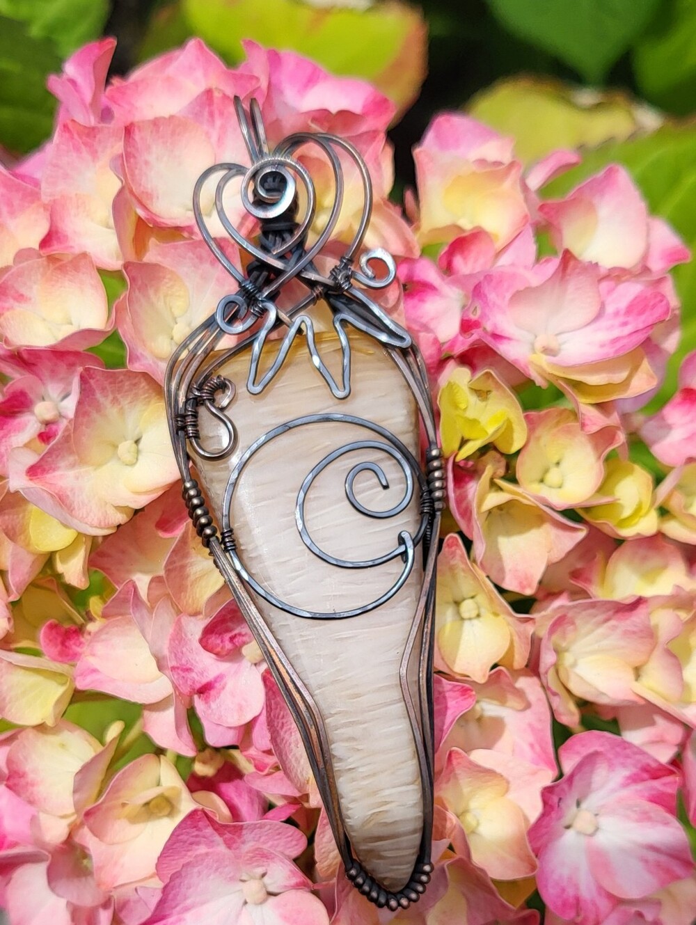 Handcrafted Copper Wire Wrapped Petrified Palm Wood Pendant - Picture 2 of 3